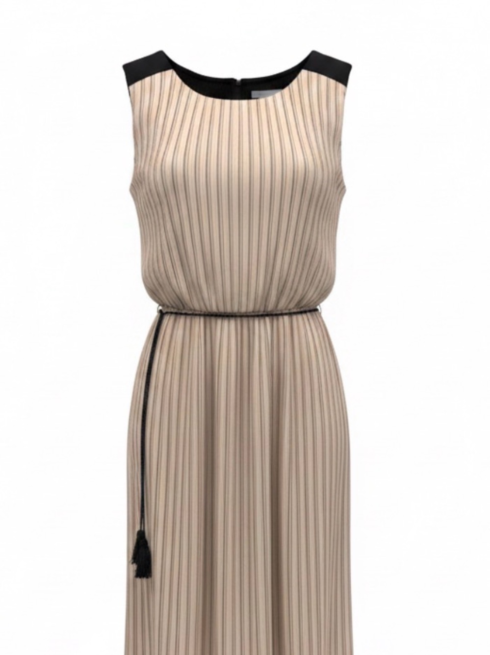 Jennifer Lopez Beige Pleated Maxi Dress with Black Trim